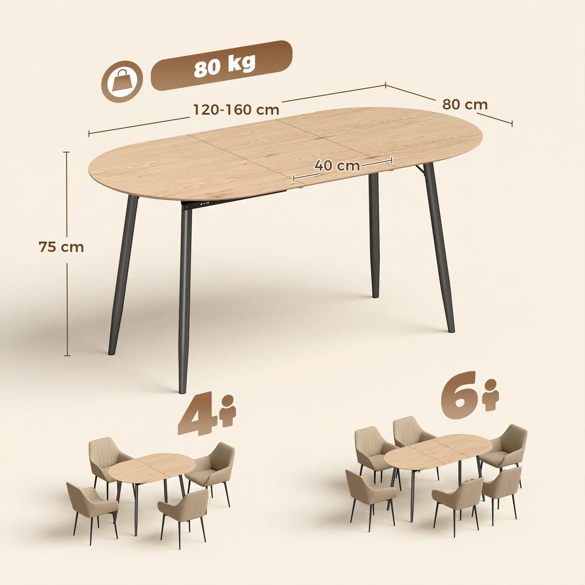 Table à manger extensible 120-160 x 80 cm pour 4 à 6 personnes, style champêtre pour cuisine et salle à manger, chêne