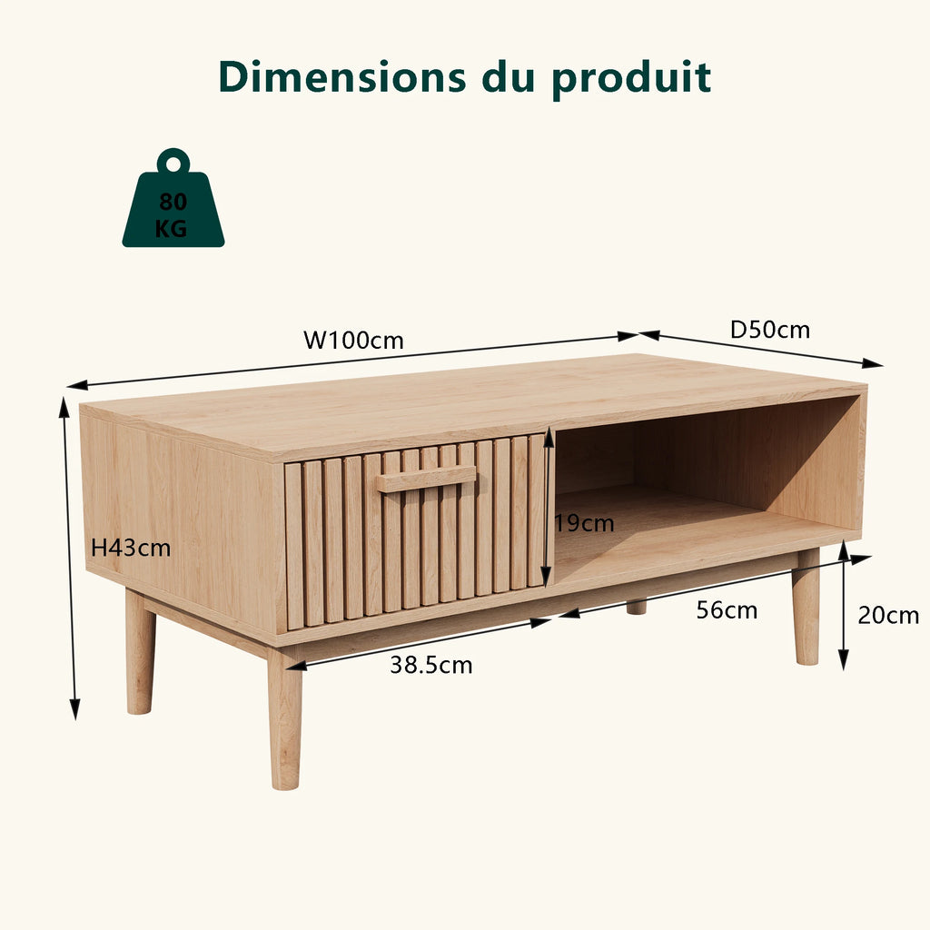 Table basse (100 x 50 x 43 cm) avec 1 tiroir et compartiment de rangement ouvert, table de salon moderne et minimaliste, bois naturel