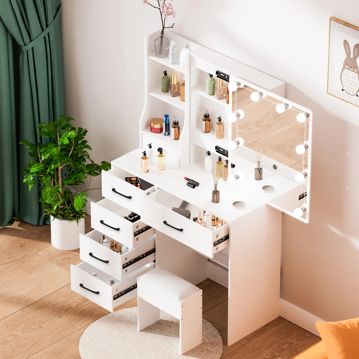 Coiffeuse de maquillage blanche avec 6 tiroirs de rangement et tabouret rembourré - Meuble cosmétique pour chambre à coucher
