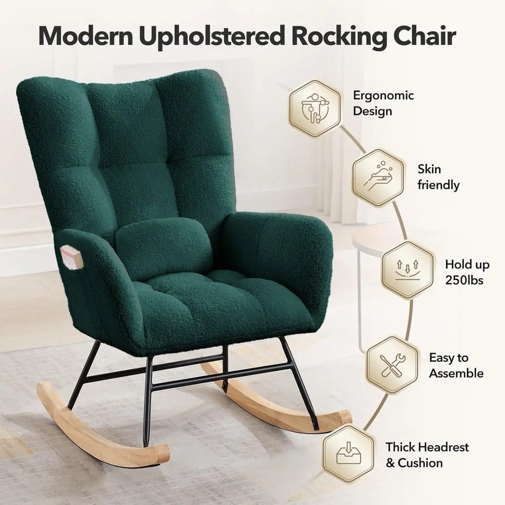 Fauteuil à bascule en velours teddy vert émeraude