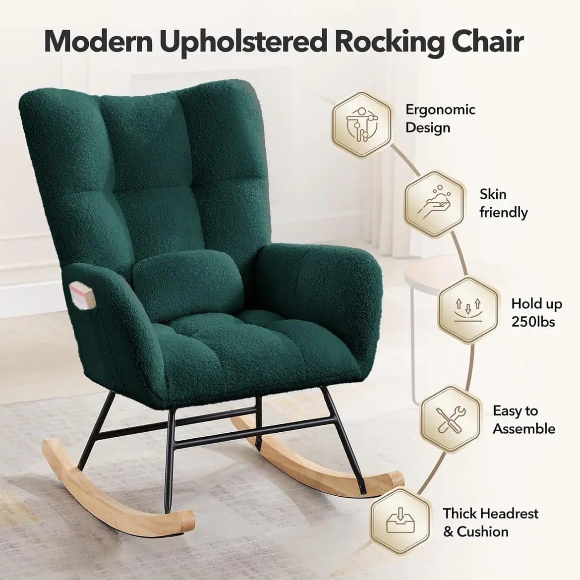 Fauteuil à bascule en velours teddy vert émeraude