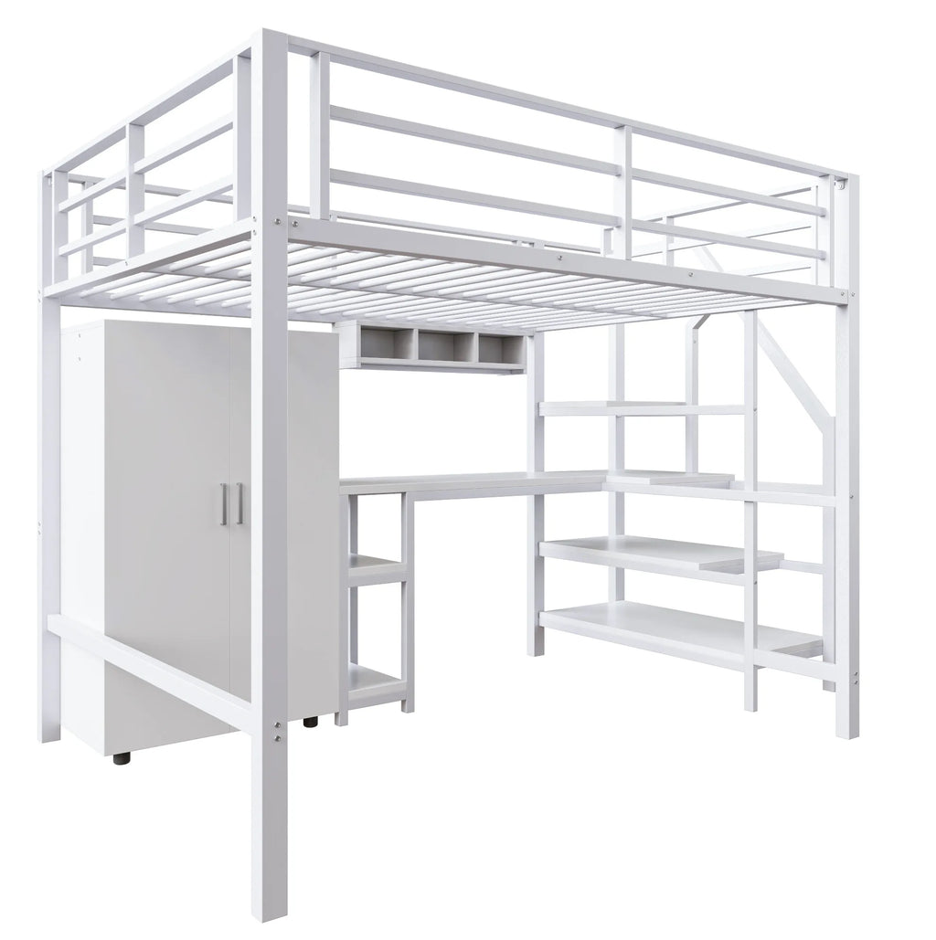 Lit mezzanine pour enfant 140x200cm avec armoire, étagères, rangement dans l'échelle et bureau - Blanc, sans matelas