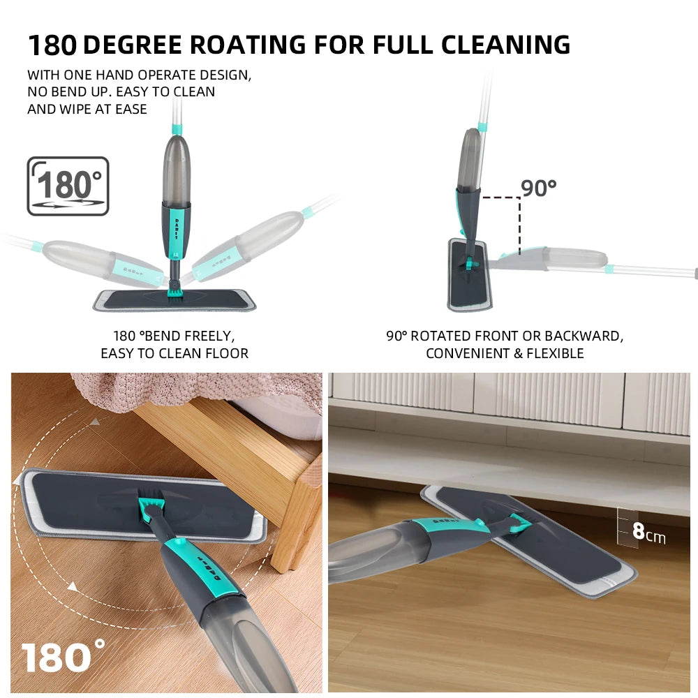 Balai serpillière plat avec spray rotatif à 360° et patins en microfibre