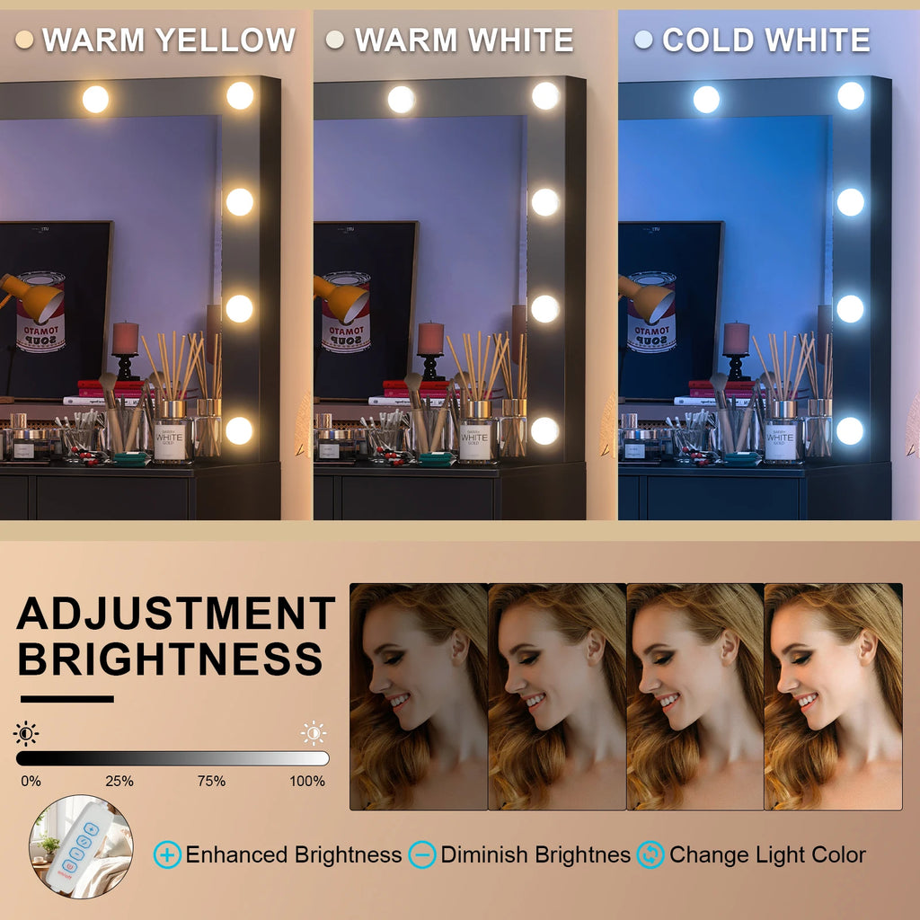 Coiffeuse Teousev avec miroir et 11 ampoules LED - Table de maquillage à luminosité réglable avec grand tiroir et 3 modes de couleur