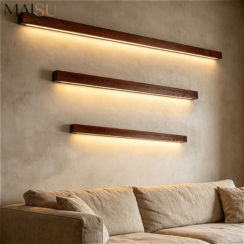 Applique murale en tasseaux de bois style japonais MAISU - Lampe suspension longue et minimaliste pour salon, chambre, couloir et décoration d'intérieur