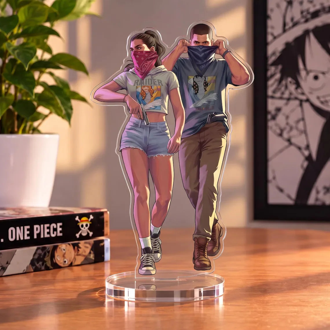 Plaque acrylique décorative GTA 6 Lucia & Jason, figurine/ornement de bureau pour setup gaming, accessoire et cadeau pour joueur