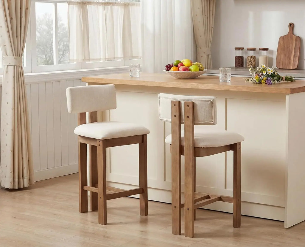 Lot de 2 tabourets de bar en lin avec pieds en bois beige – Style rétro Mid-Century – Assise rembourrée confortable et dossier incurvé sans accoudoirs – Tabourets de comptoir stables en bois pour îlot de cuisine