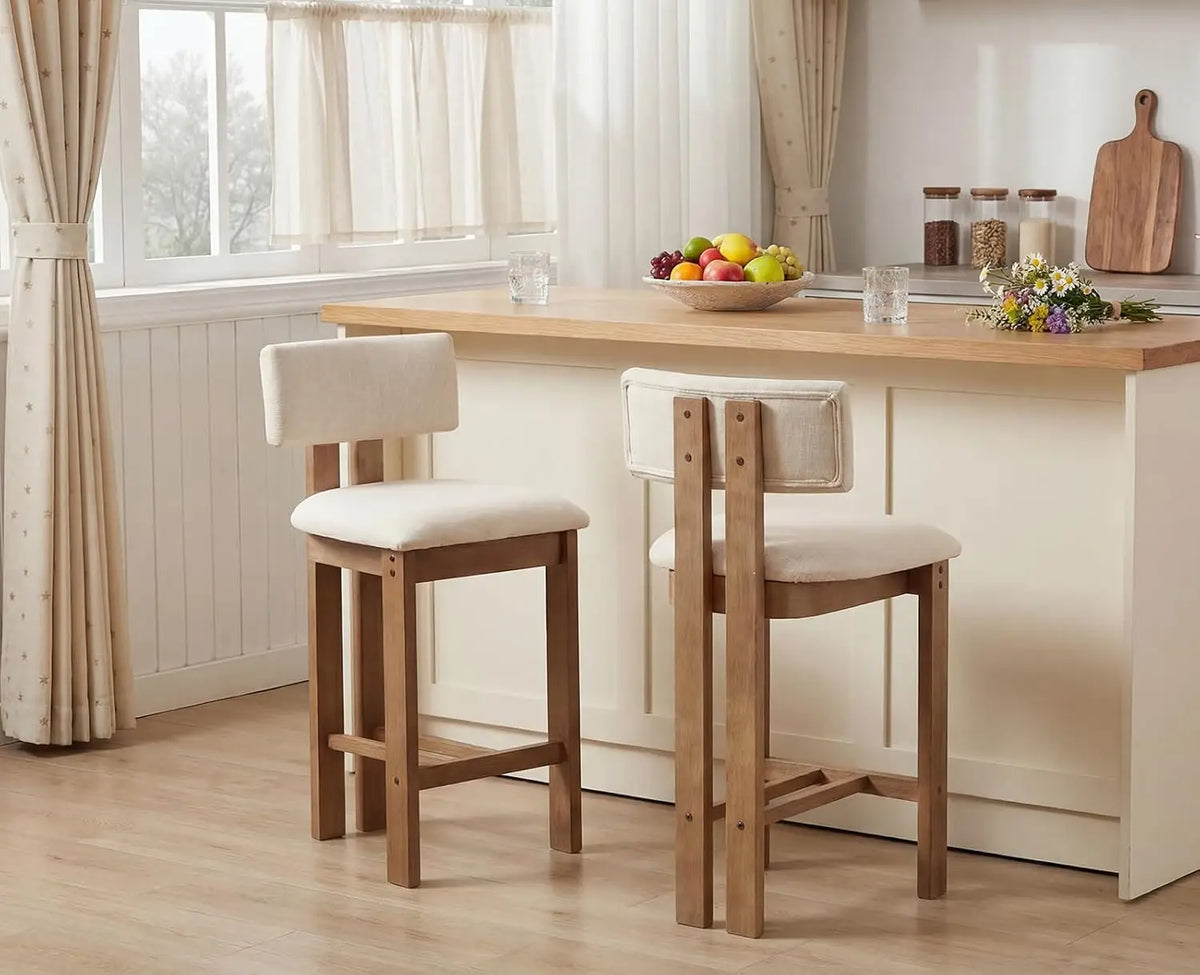 Lot de 2 tabourets de bar en lin avec pieds en bois beige – Style rétro Mid-Century – Assise rembourrée confortable et dossier incurvé sans accoudoirs – Tabourets de comptoir stables en bois pour îlot de cuisine