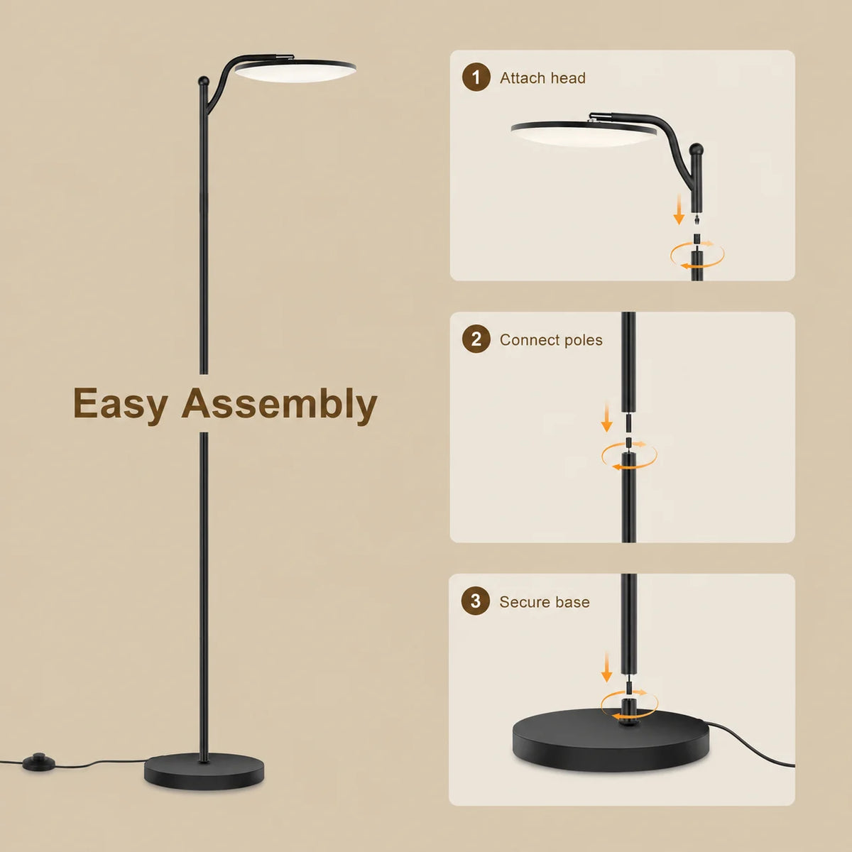 Lampadaire LED 32W 3000Lm avec tête pivotante, télécommande magnétique sur le pied du lampadaire, facile à installer, lampe de lecture stable pour salon, chambre et coin lecture