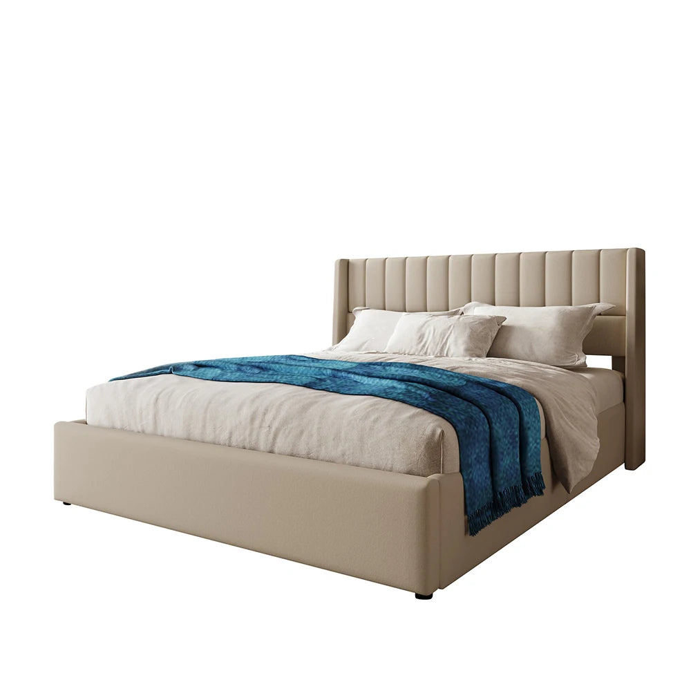 Lit double rembourré 180x200 cm avec coffre de rangement hydraulique KOMHTOM, sommier à lattes en bois et structure métallique, revêtement en lin beige