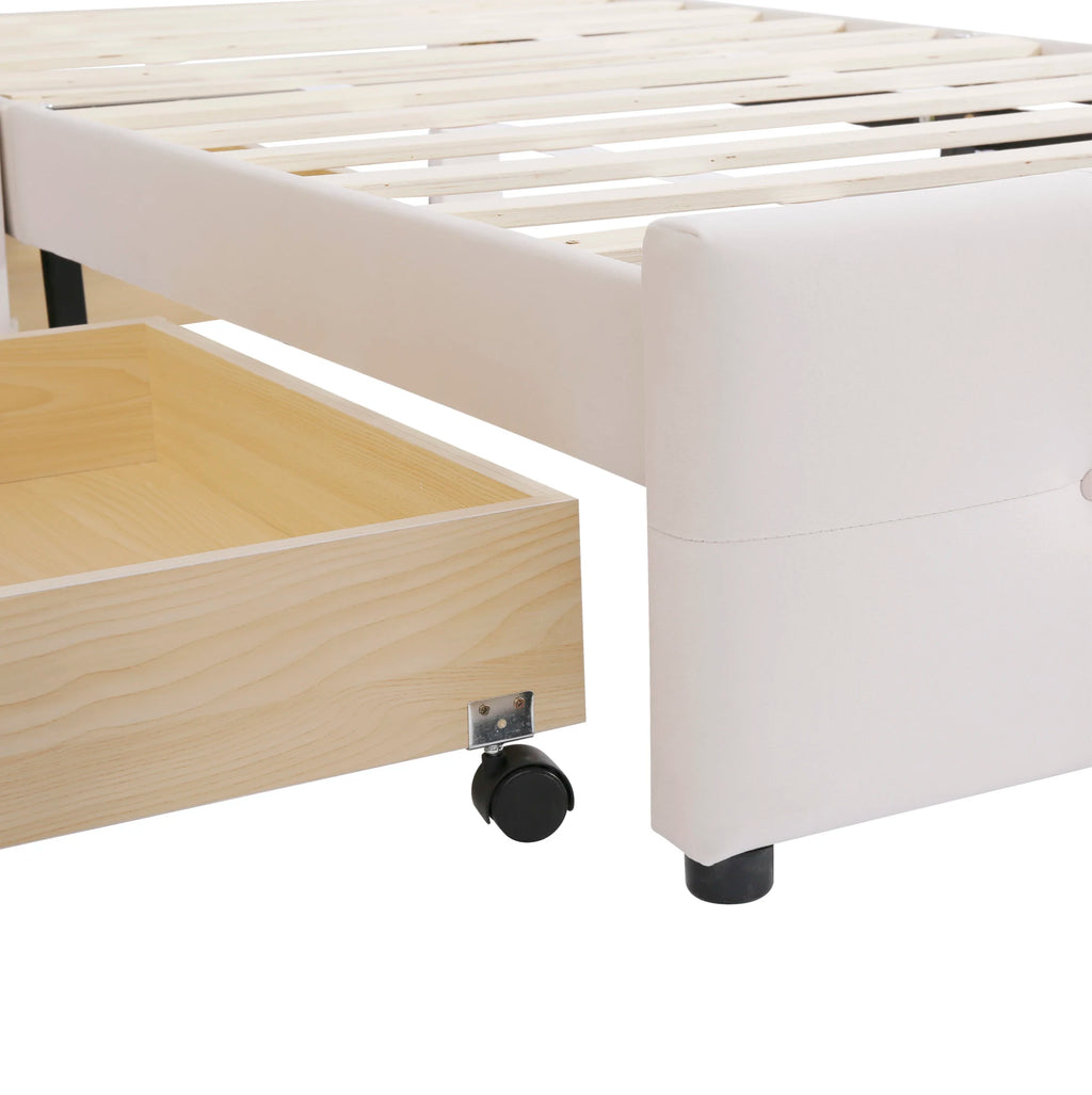 90x200 cm Upholstered Bed Frame with Slatted Base, Headboard and Two Storage Drawers in Beige Velvet (No Mattress)