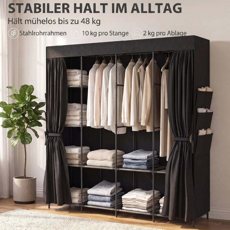Armoire pliante avec 5 barres de penderie, penderie en tissu antipoussière sur structure en acier, comprend des étagères et des poches latérales pour chaussures et accessoires, montage facile sans outils - Noir