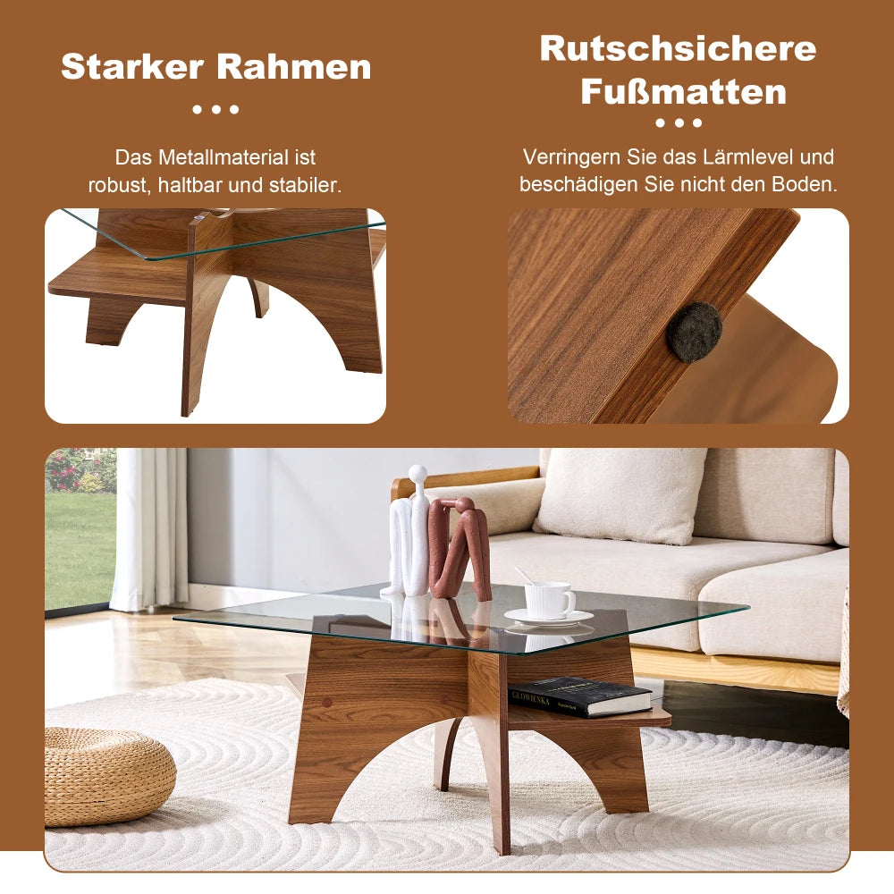 Table d'appoint / table basse carrée moderne en verre de sécurité (80 cm), pieds en MDF aspect bois de noyer, idéale pour le salon