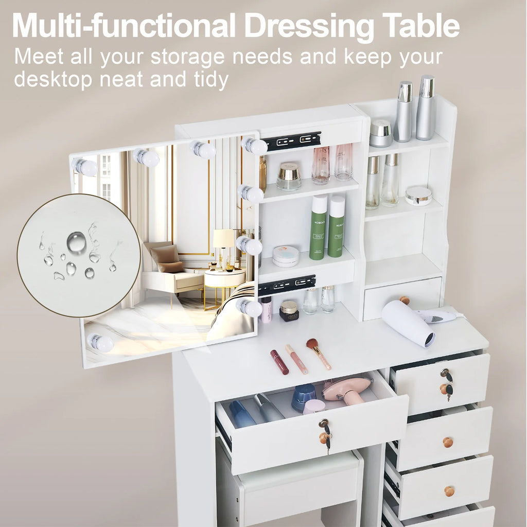 Ensemble coiffeuse blanche avec miroir coulissant à éclairage LED et tabouret - Table de maquillage avec tiroirs verrouillables et étagères de rangement, bureau pour cosmétiques de chambre