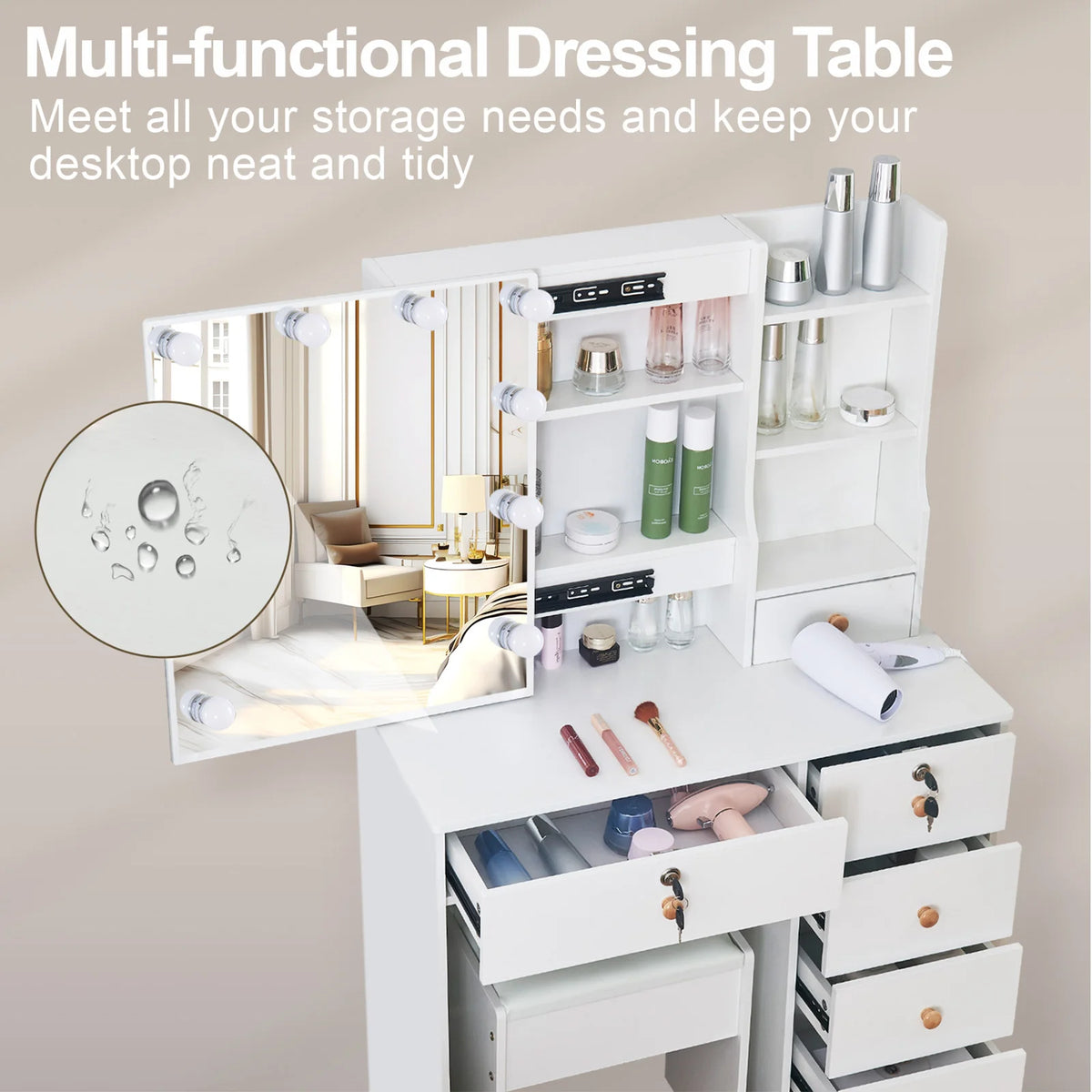 Ensemble coiffeuse blanche avec miroir coulissant à éclairage LED et tabouret - Table de maquillage avec tiroirs verrouillables et étagères de rangement, bureau pour cosmétiques de chambre