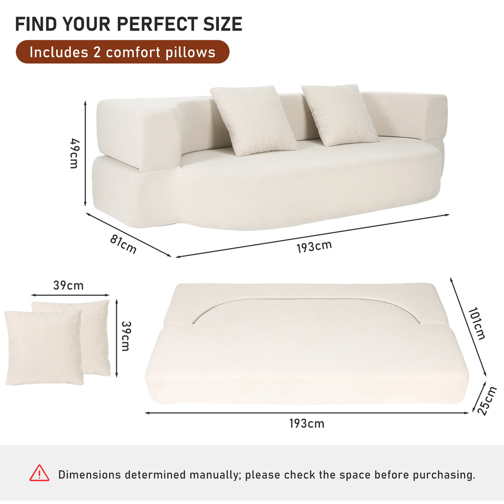OYAJIA Canapé-Lit Pliable 2 Places Sans Armature - Matelas de Sol Convertible et Chauffeuse Banquette 2-en-1 avec 2 Coussins - Lit d'Appoint Gain de Place pour Salon, Chambre et Studio - Blanc Cassé/Gris
