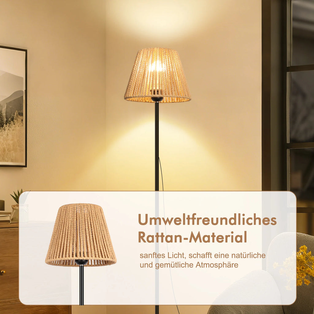 Lampadaire en rotin tressé de style bohème - Lampe sur pied E26/E27 avec abat-jour naturel, grand lampadaire moderne pour salon, chambre et coin lecture