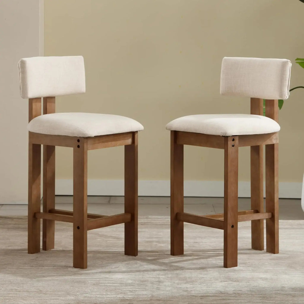 Lot de 2 tabourets de bar en lin avec pieds en bois beige – Style rétro Mid-Century – Assise rembourrée confortable et dossier incurvé sans accoudoirs – Tabourets de comptoir stables en bois pour îlot de cuisine