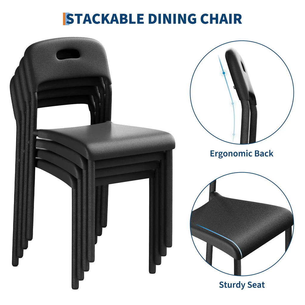 Lot de 1 ou 2 chaises de salle à manger empilables modernes – Assise en plastique avec pieds en métal solides – Assemblage facile – Résistantes à l'eau et aux taches – Utilisation intérieure et extérieure – Blanc/Noir
