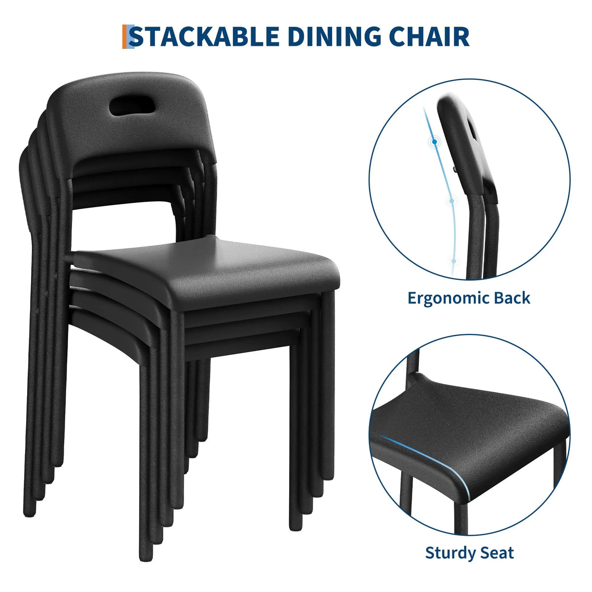 Lot de 1 ou 2 chaises de salle à manger empilables modernes – Assise en plastique avec pieds en métal solides – Assemblage facile – Résistantes à l'eau et aux taches – Utilisation intérieure et extérieure – Blanc/Noir