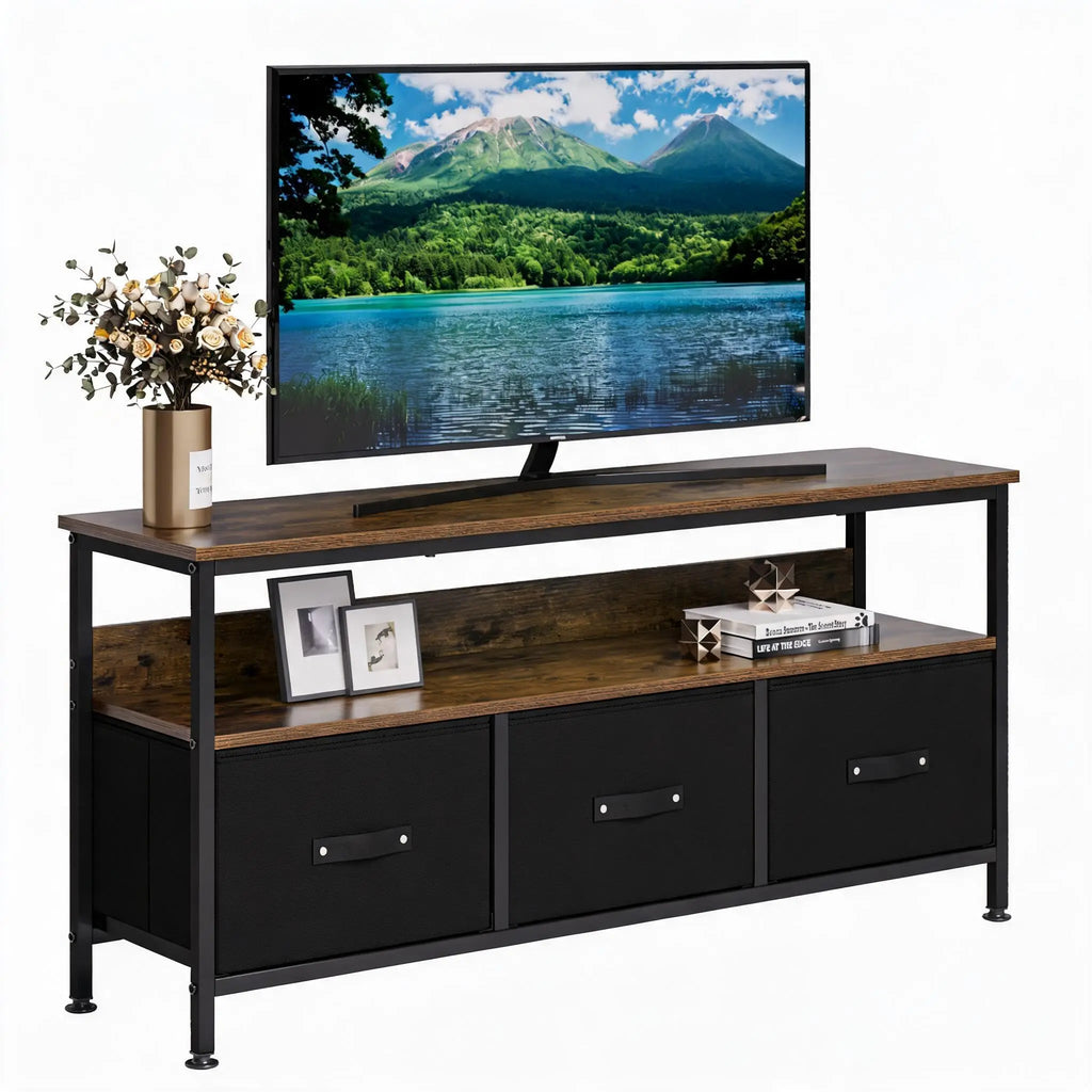 Meuble TV commode avec 3 tiroirs en tissu, meuble télé pour télévision jusqu'à 55 pouces, 120 x 30 x 57 cm