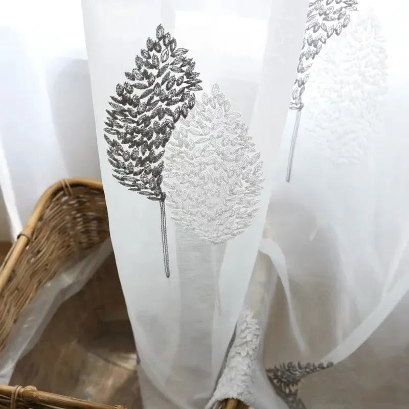 Rideau voile en tulle transparent blanc motif arbre (1 pièce) pour salon, balcon et chambre, voilage brodé moderne et translucide pour fenêtre