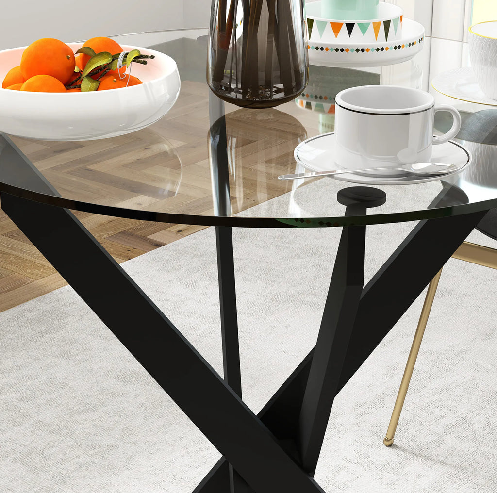 Table à manger ronde pour 4 personnes avec plateau en verre trempé de 8 mm et pieds en acier noir (Ø 70 x 75 cm)