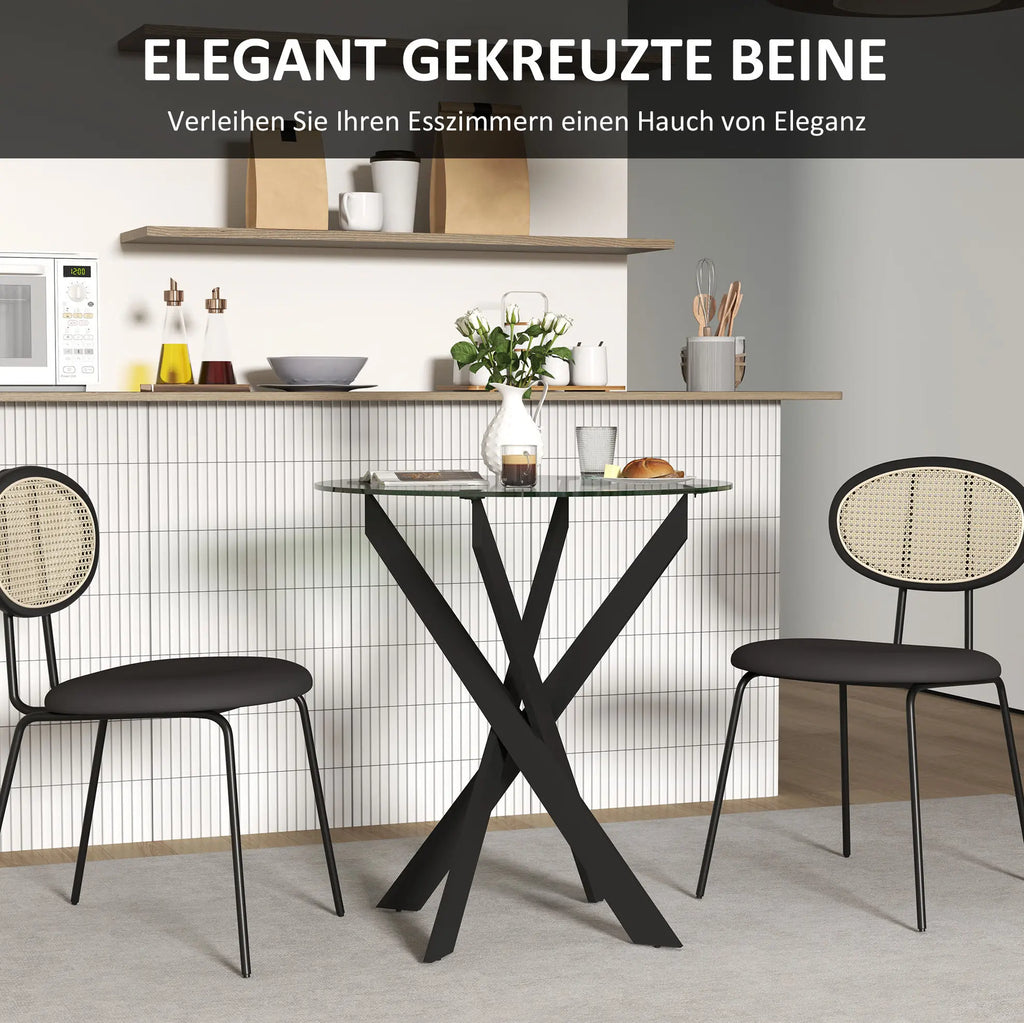 Table à manger ronde pour 4 personnes avec plateau en verre trempé de 8 mm et pieds en acier noir (Ø 70 x 75 cm)