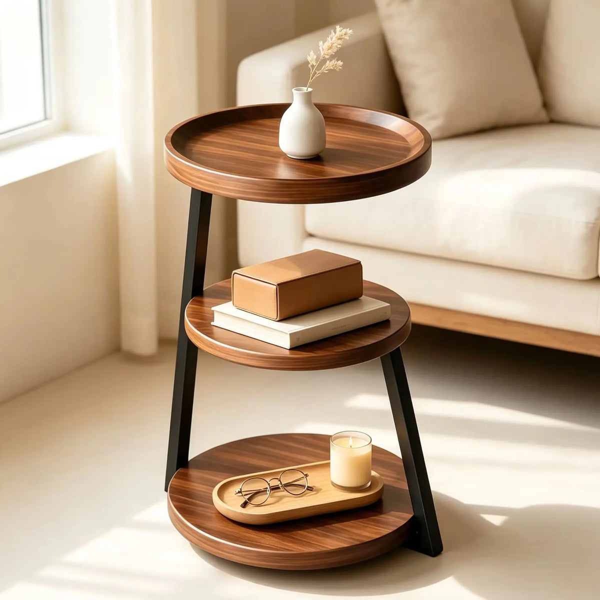 Table d'appoint ronde à 3 niveaux effet bois marron, petite table de chevet avec rangement, structure en métal thermolaqué, plateau étanche, table de bout de canapé gain de place pour salon, chambre, balcon et extérieur