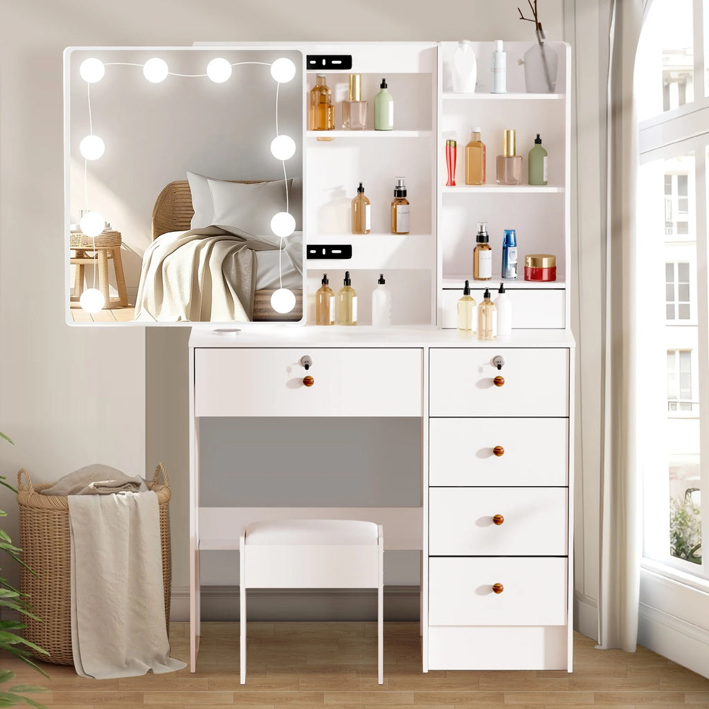 Ensemble coiffeuse blanche avec miroir coulissant à éclairage LED et tabouret - Table de maquillage avec tiroirs verrouillables et étagères de rangement, bureau pour cosmétiques de chambre