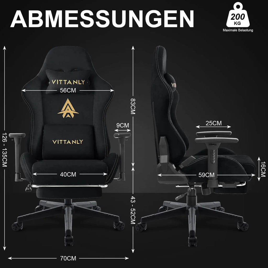 Fauteuil de jeu et de bureau respirant Vittanly, chaise de bureau en tissu de haute qualité, ajustable et pivotante avec repose-pieds