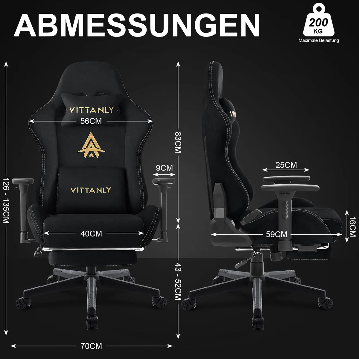 Fauteuil de jeu et de bureau respirant Vittanly, chaise de bureau en tissu de haute qualité, ajustable et pivotante avec repose-pieds