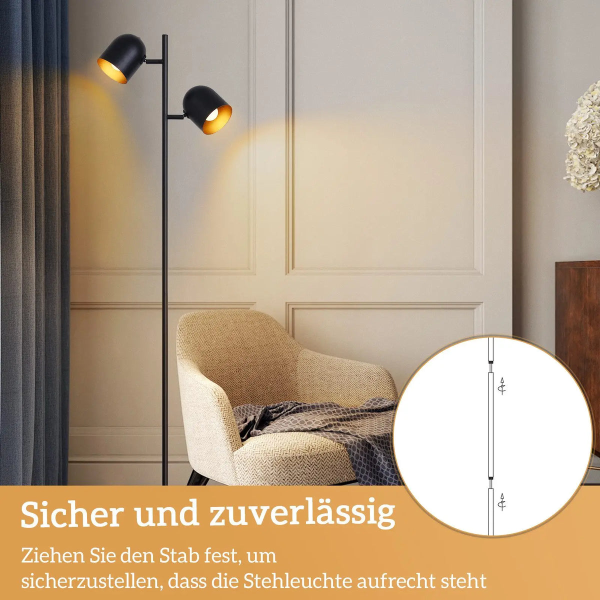Lampadaire à 2 têtes noir avec intérieur en feuille d'or