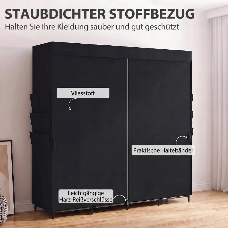 Armoire pliante avec 5 barres de penderie, penderie en tissu antipoussière sur structure en acier, comprend des étagères et des poches latérales pour chaussures et accessoires, montage facile sans outils - Noir
