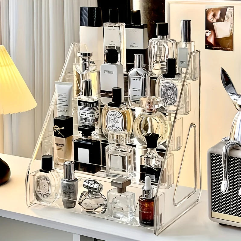Organisateur de parfum et cosmétiques élégant en acrylique - Présentoir transparent à plusieurs niveaux, étagère de rangement élégante pour coiffeuse
