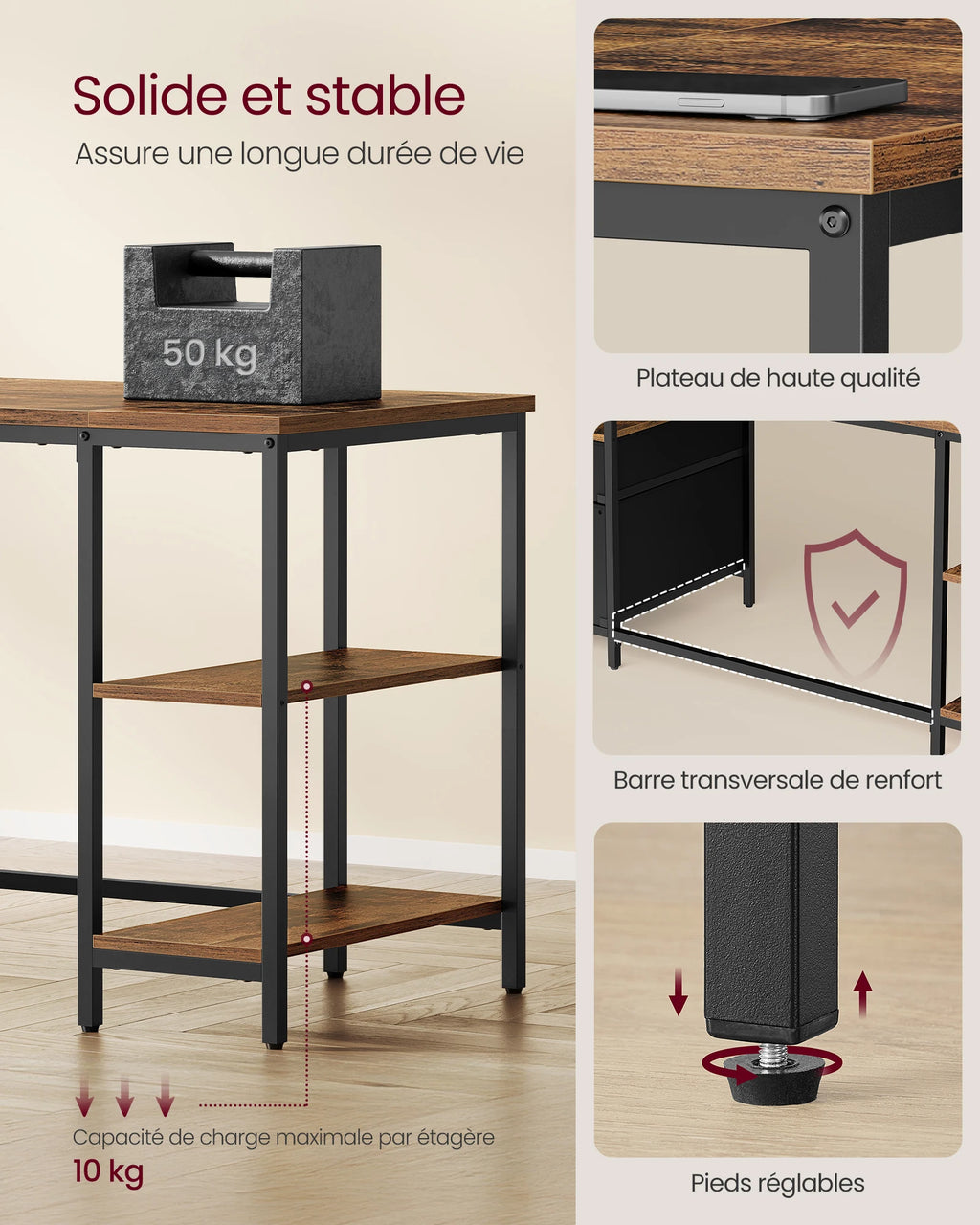 Bureau pour ordinateur, table de travail avec rangements, 3 étagères, 2 tiroirs, 60 x 160 x 76 cm, Brun rustique et Noir mat
