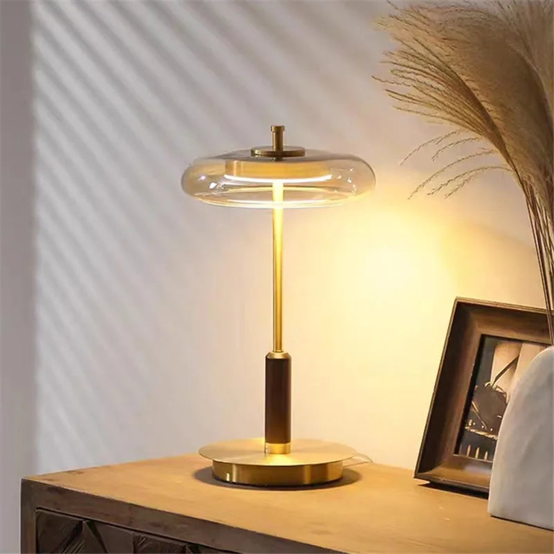 Lampadaire rétro moderne en verre et métal doré de luxe - Design artistique en forme de champignon pour salon, chambre, chevet et bureau, lampe de table