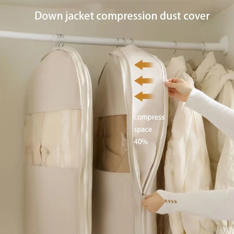 Sac de rangement suspendu à compression beige, sac sous vide offrant 40 % de gain de place, housse transparente avec fermeture éclair durable pour vêtements d'hiver