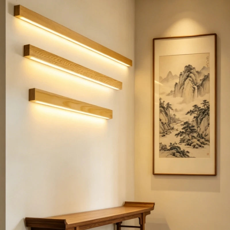 Applique murale en tasseaux de bois style japonais MAISU - Lampe suspension longue et minimaliste pour salon, chambre, couloir et décoration d'intérieur