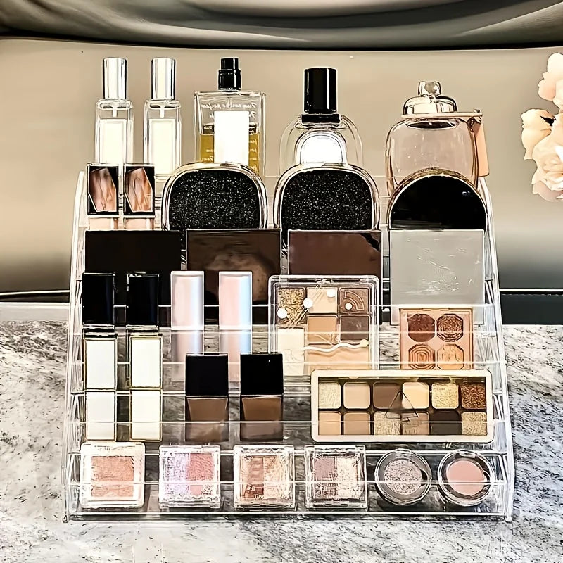 Organisateur de parfum et cosmétiques élégant en acrylique - Présentoir transparent à plusieurs niveaux, étagère de rangement élégante pour coiffeuse