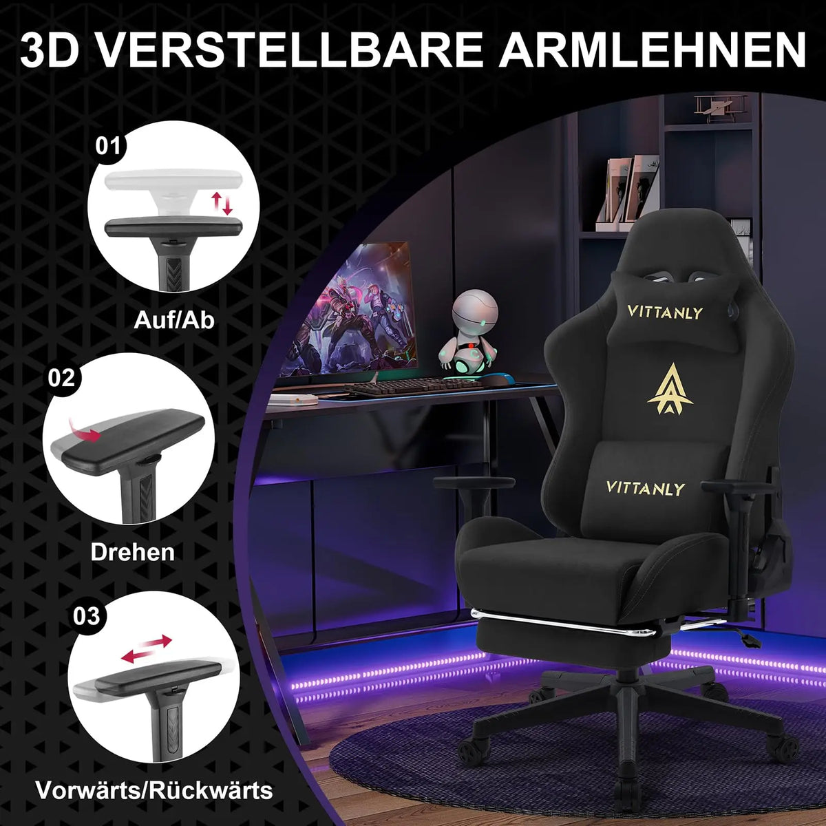 Fauteuil de jeu et de bureau respirant Vittanly, chaise de bureau en tissu de haute qualité, ajustable et pivotante avec repose-pieds