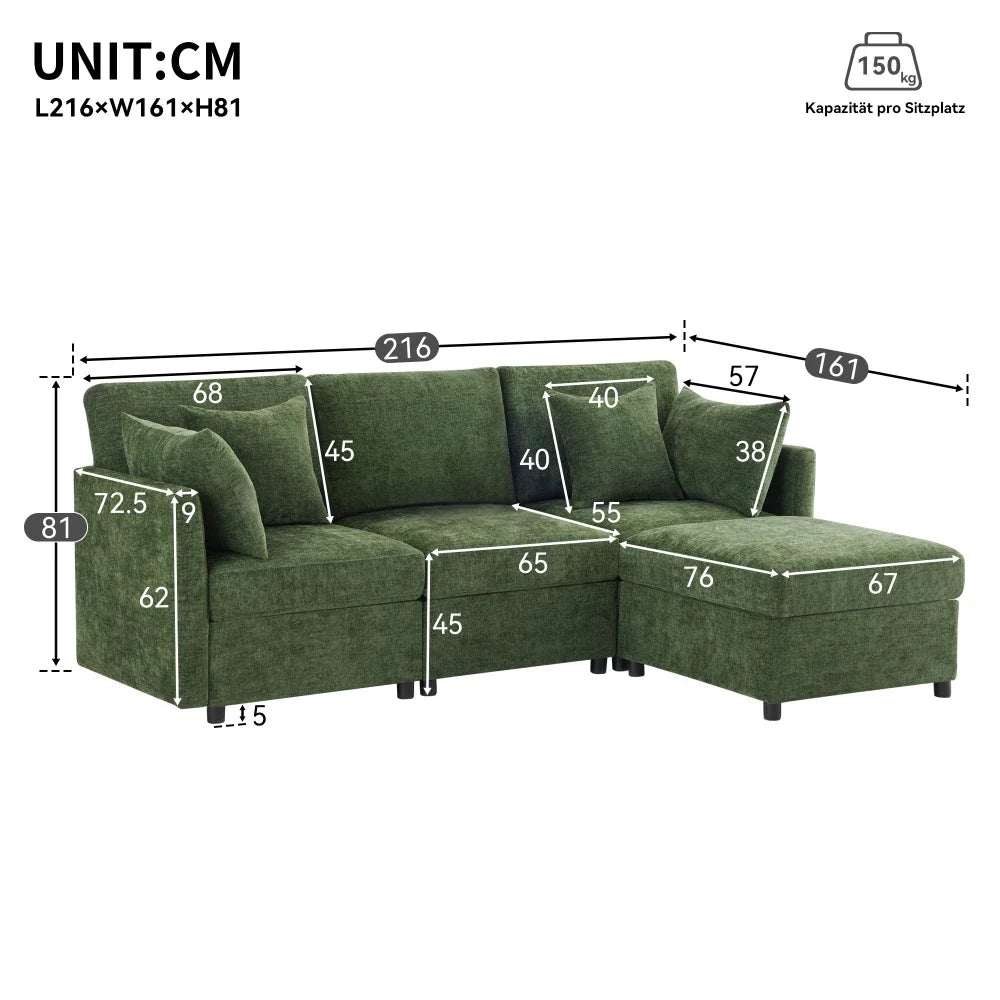 Canapé d'angle panoramique modulable et convertible moderne vert, canapé d'appoint grand confort avec pouf indépendant amovible et 4 coussins en tissu chenille doux pour salon d'appartement