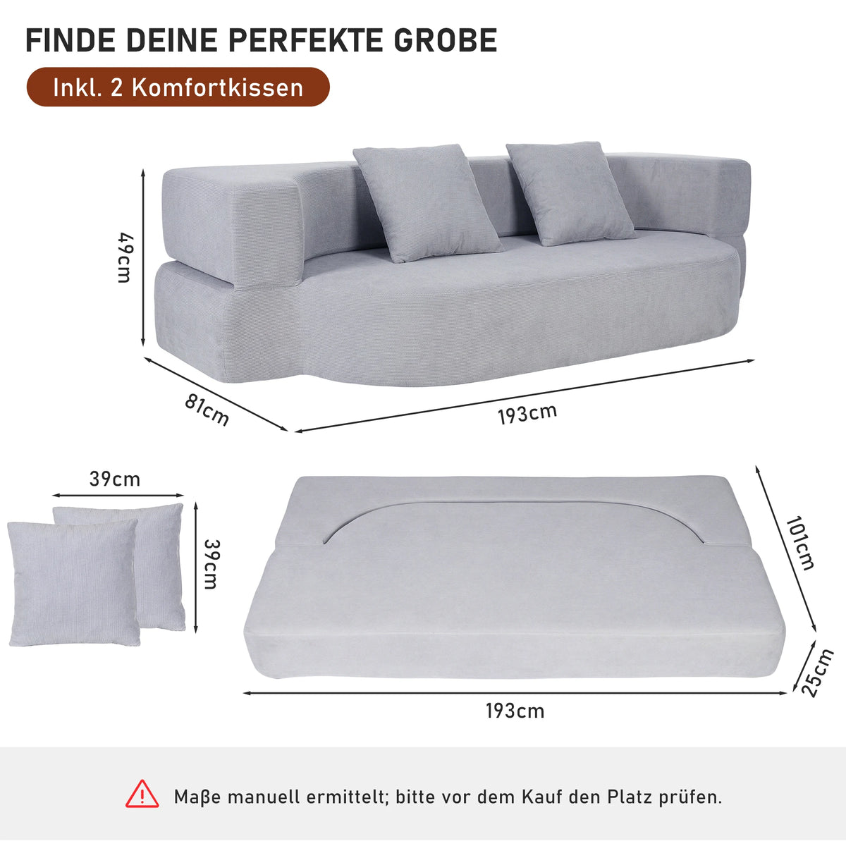OYAJIA Canapé-Lit Pliable 2 Places Sans Armature - Matelas de Sol Convertible et Chauffeuse Banquette 2-en-1 avec 2 Coussins - Lit d'Appoint Gain de Place pour Salon, Chambre et Studio - Blanc Cassé/Gris