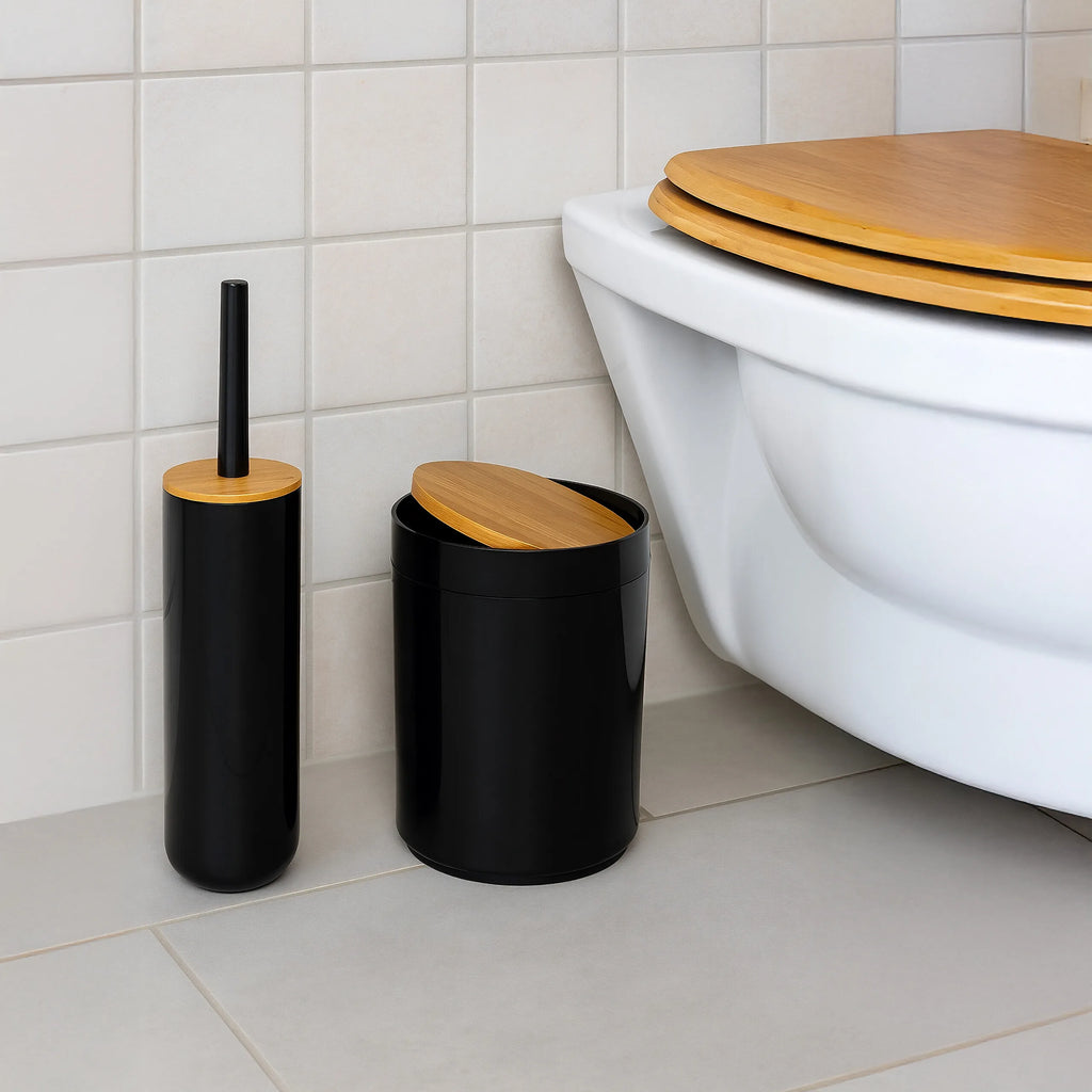 Ensemble d'accessoires de salle de bain 7 pièces, design harmonieux, pour la salle de bain, plastique et bambou, noir, poubelle à cosmétiques 5 L, avec brosse de toilette, Relaxdays