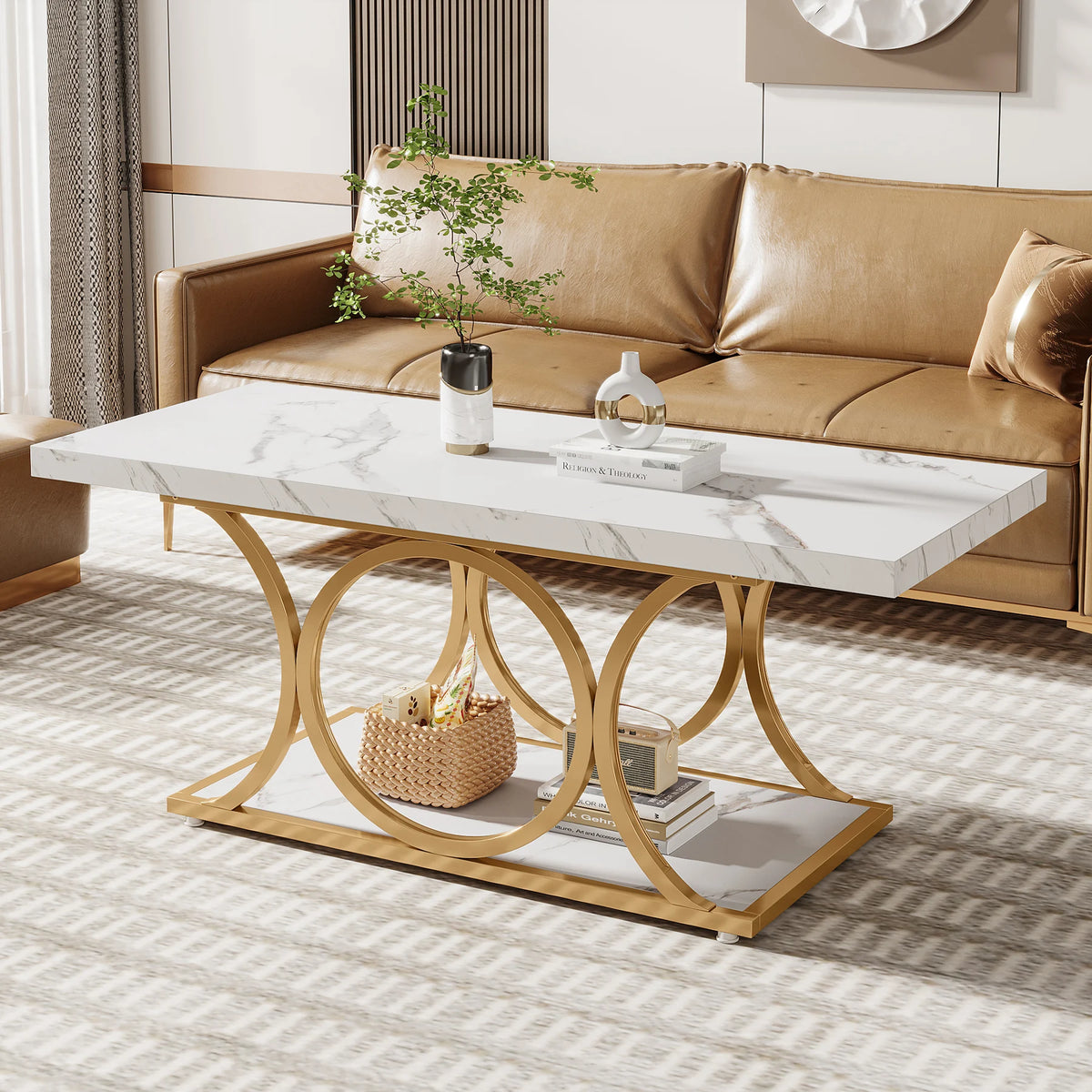 Table basse rectangulaire Tribesigns, table basse moderne pour salon à 2 niveaux en bois effet marbre