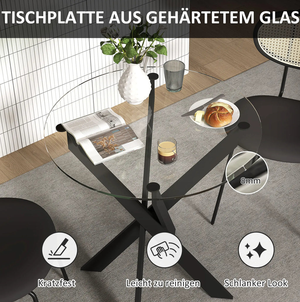 Table à manger ronde pour 4 personnes avec plateau en verre trempé de 8 mm et pieds en acier noir (Ø 70 x 75 cm)