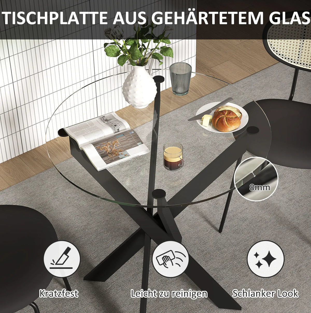 Table à manger ronde pour 4 personnes avec plateau en verre trempé de 8 mm et pieds en acier noir (Ø 70 x 75 cm)