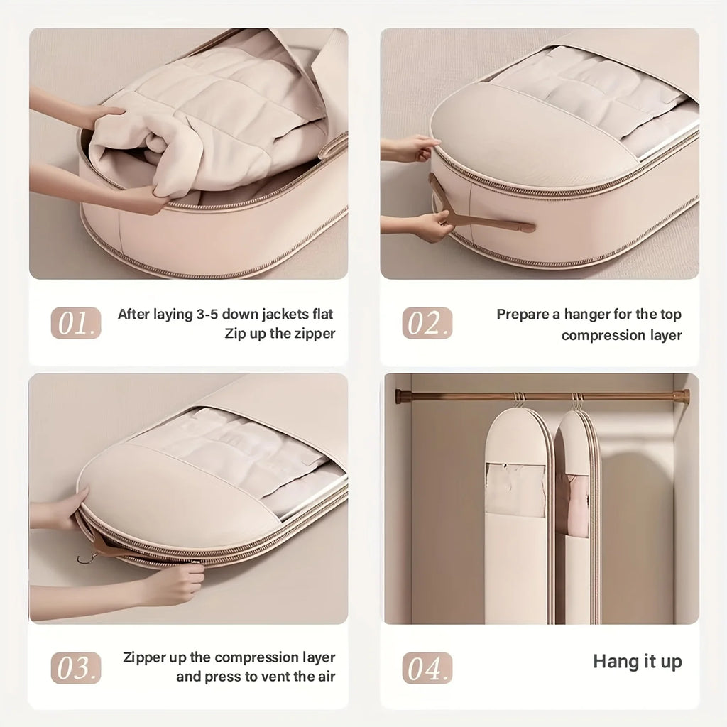 Sac de rangement suspendu à compression beige, sac sous vide offrant 40 % de gain de place, housse transparente avec fermeture éclair durable pour vêtements d'hiver