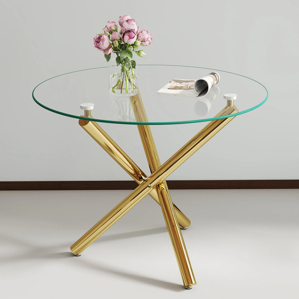 Table à manger ronde avec plateau en verre trempé et pieds en métal doré (80 x 80 x 76 cm)