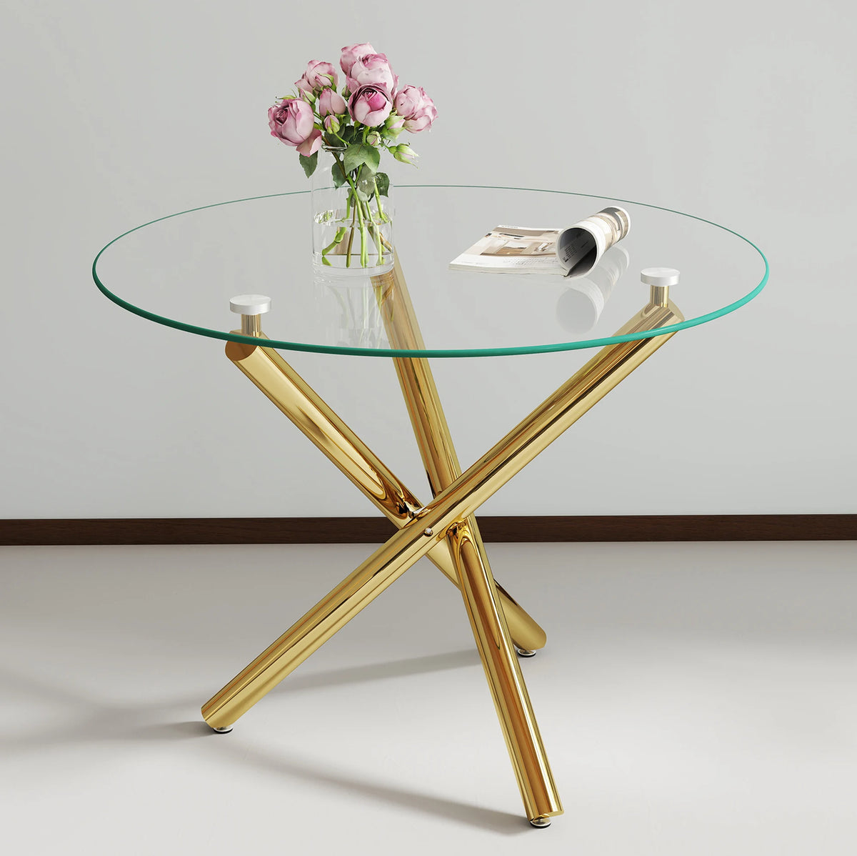 Table à manger ronde avec plateau en verre trempé et pieds en métal doré (80 x 80 x 76 cm)